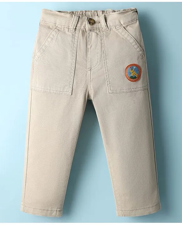 Babyhug Cotton Lycra Woven Full Length Solid Coloured Trouser With Stretch & Animal Patch - Beige